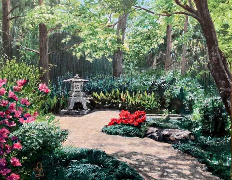 Acrylic painting on linen of a Spring scene in the Birmingham Botanical Gardens by Delaina Lane