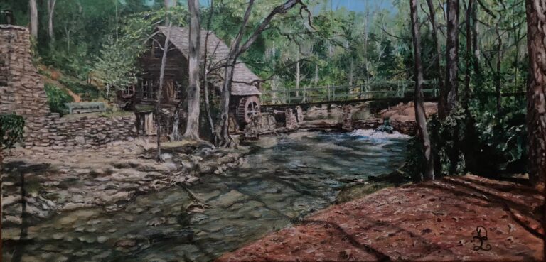 Acrylic painting of The Old Mill House, Mountain Brook AL, by Delaina Lane
